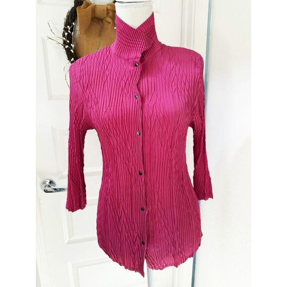 BABETTE SF Raspberry Pink Zig Zag Pleated Snap Front Blouse Top  Women's Medium - Picture 3 of 7